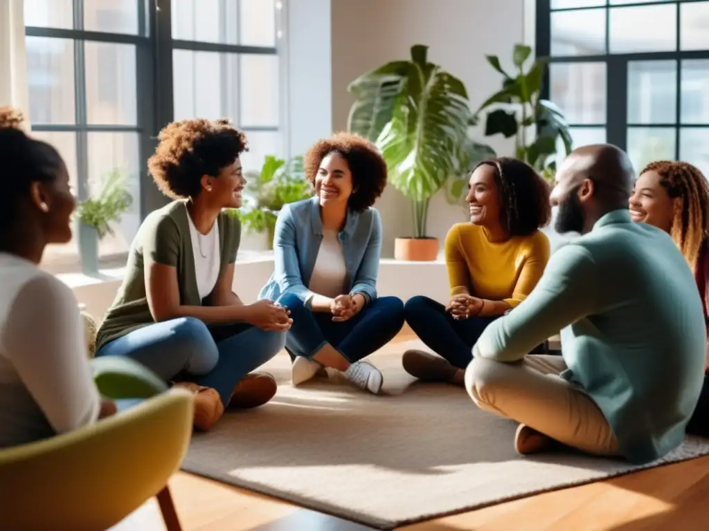 Un grupo diverso de personas se sienta en círculo, conversando y apoyándose mutuamente en un espacio luminoso y acogedor