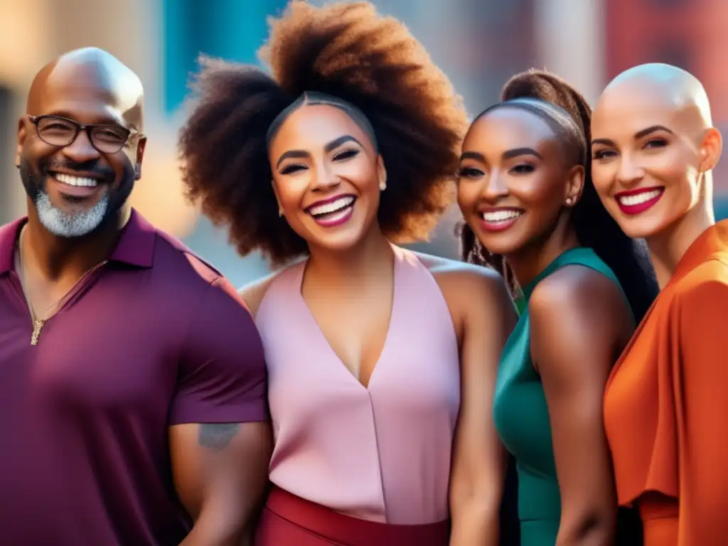 Un grupo diverso de personas, con diferentes estilos de cabello, sonrientes y seguros de sí mismos en la ciudad