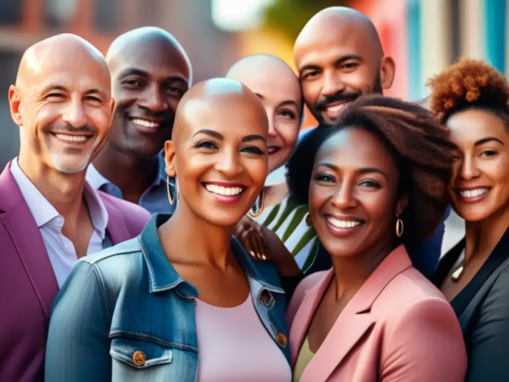 Un grupo diverso de personas abrazando con orgullo sus cabezas calvas en un entorno urbano moderno, desafiando normas sociales y promoviendo la aceptación de la pérdida de cabello