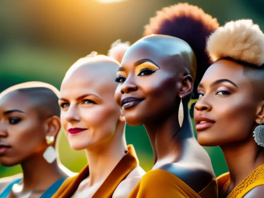 Un grupo diverso de personas muestra orgullosamente sus peinados únicos, incluyendo a individuos con alopecia, en un entorno exterior inclusivo y vibrante, desafiando estándares de belleza y celebrando la representación alopecia en publicidad