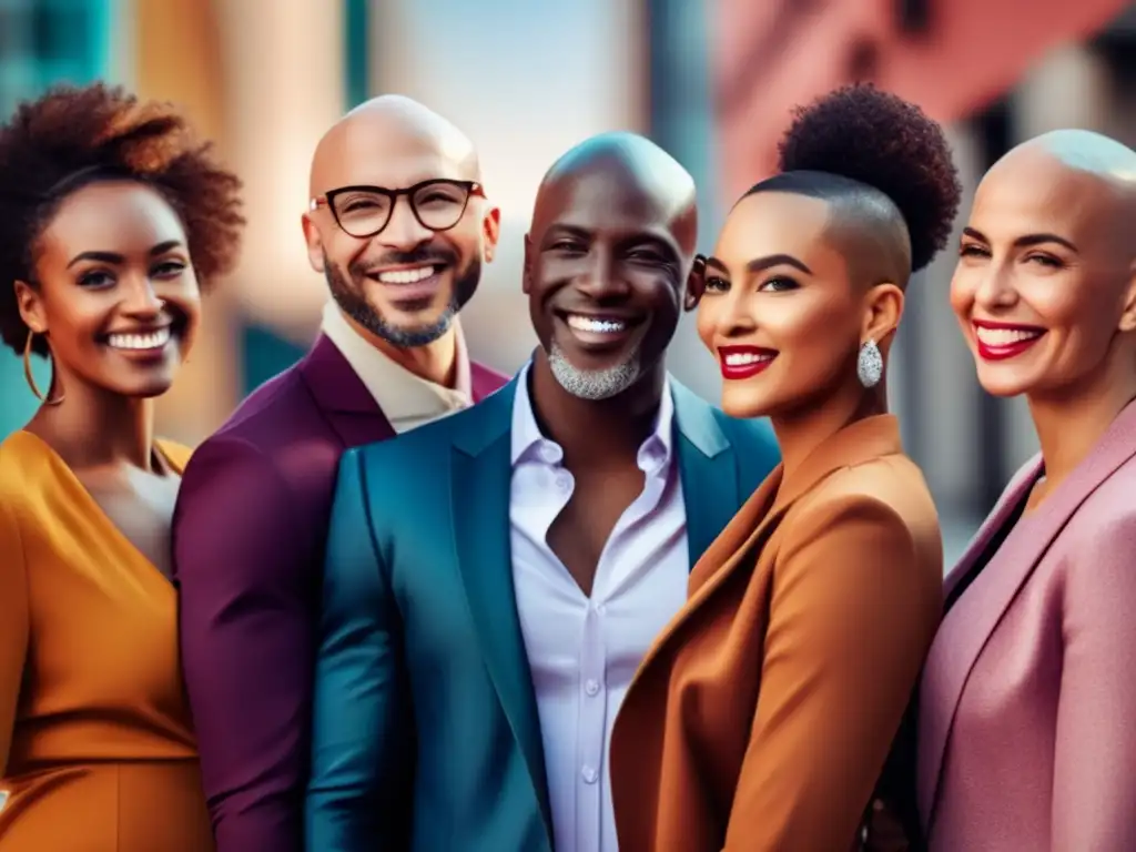 Grupo diverso de personas seguras, sonrientes, orgullosas de su calvicie, reflejando la aceptación de la calvicie e influencia, con fondo urbano vibrante