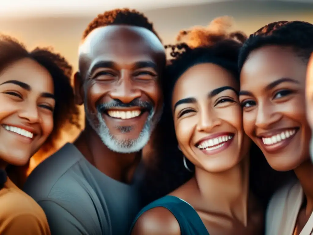 Un grupo diverso de personas abrazándose con sonrisas genuinas, transmitiendo fuerza y autoaceptación