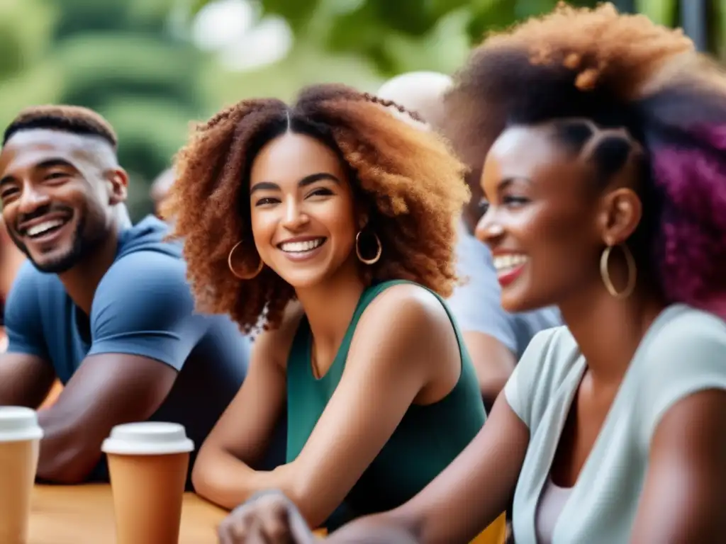 Un grupo diverso de personas disfrutando de la vida con cabello saludable y vibrante, reflejando la confianza y éxito social