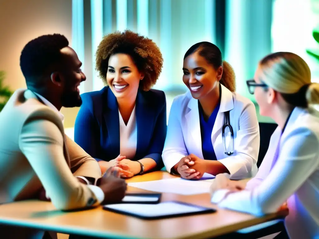 Un grupo diverso de profesionales de la salud, incluyendo psicólogos, dermatólogos y personal de apoyo, se reúnen alrededor de una mesa para un taller