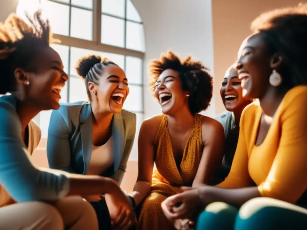 Un grupo diverso disfruta de risas contagiosas en una habitación luminosa. La risoterapia para el cabello fuerte se refleja en sus rostros felices.