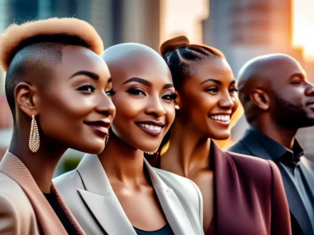 Un grupo diverso y seguro de sí mismo destaca la belleza de su alopecia areata, simbolizando la visibilidad social.