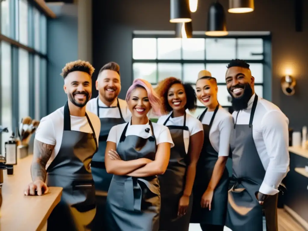 Un grupo de estilistas y barberos sonrientes en un salón moderno, mostrando la responsabilidad social empresarial en capilar.