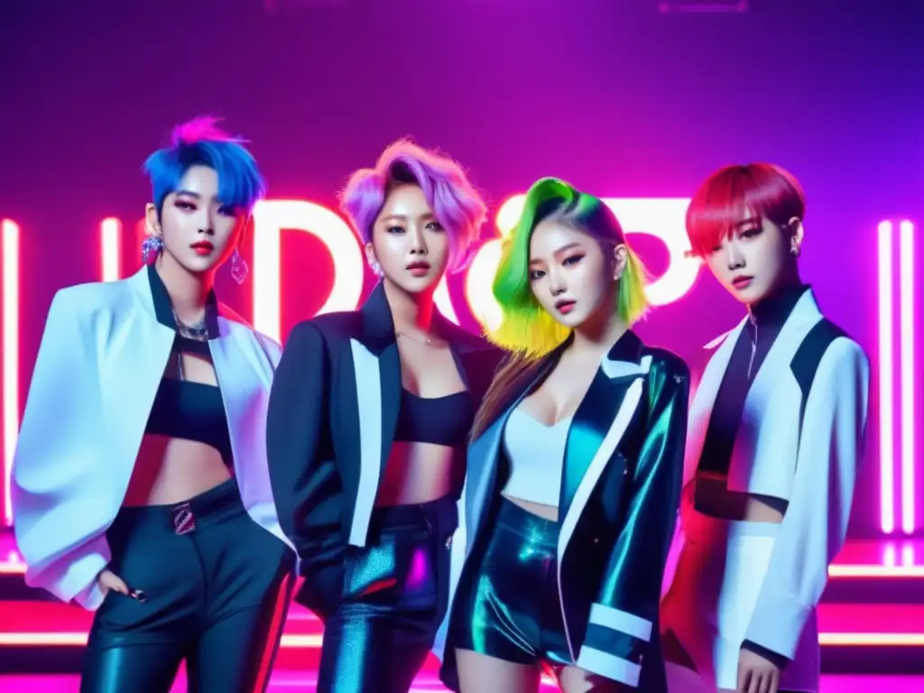 Grupo de ídolos del Kpop con estilos de cabello vibrantes y tendencias capilares en el Kpop, posando en un escenario futurista y neón, rodeados de fans emocionados