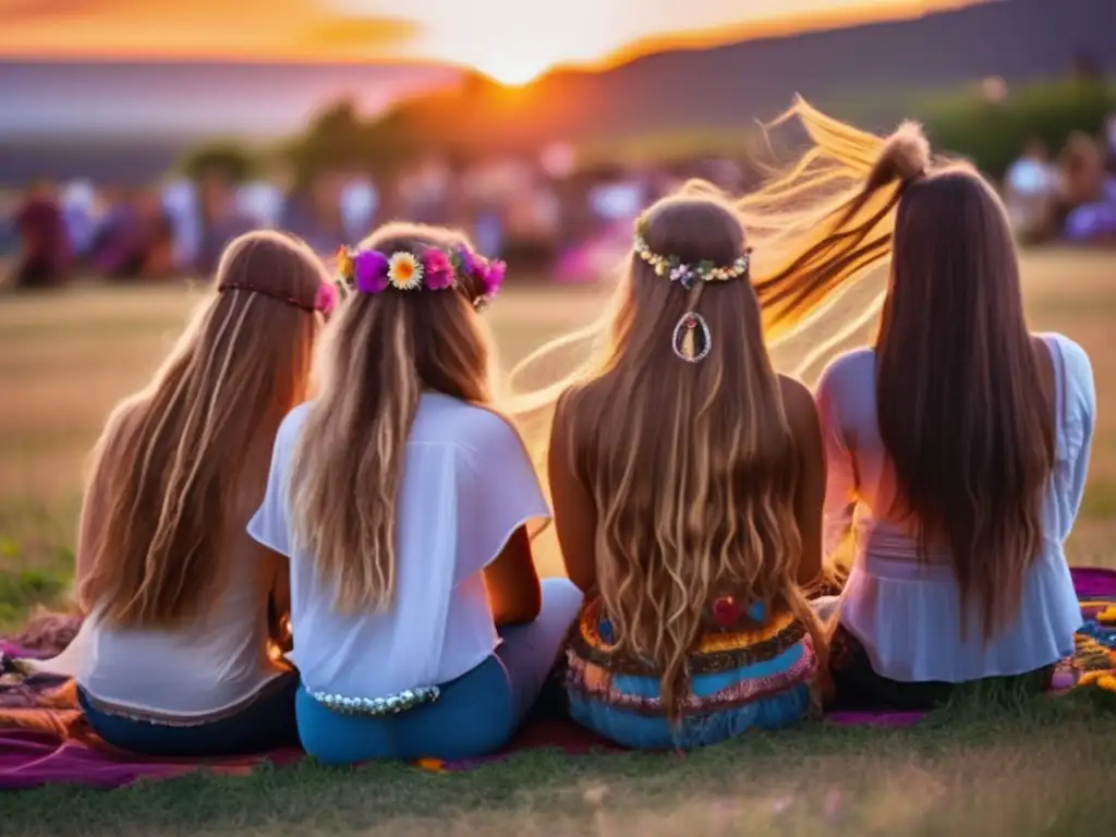 Un grupo de jóvenes hippies con cabello rebelde y adornado con flores, disfrutando el atardecer en un festival al aire libre.