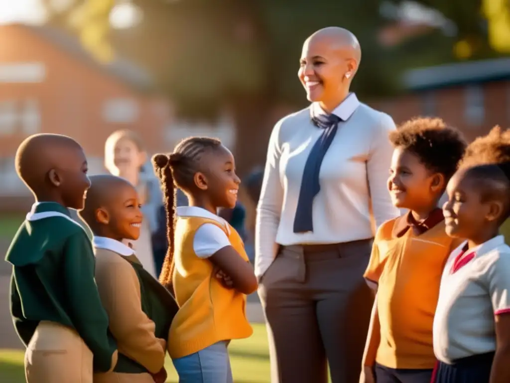 Grupo de niños diversos en el patio de la escuela, uno con la cabeza rapada y sonriente, promoviendo estrategias para combatir el acoso escolar por alopecia