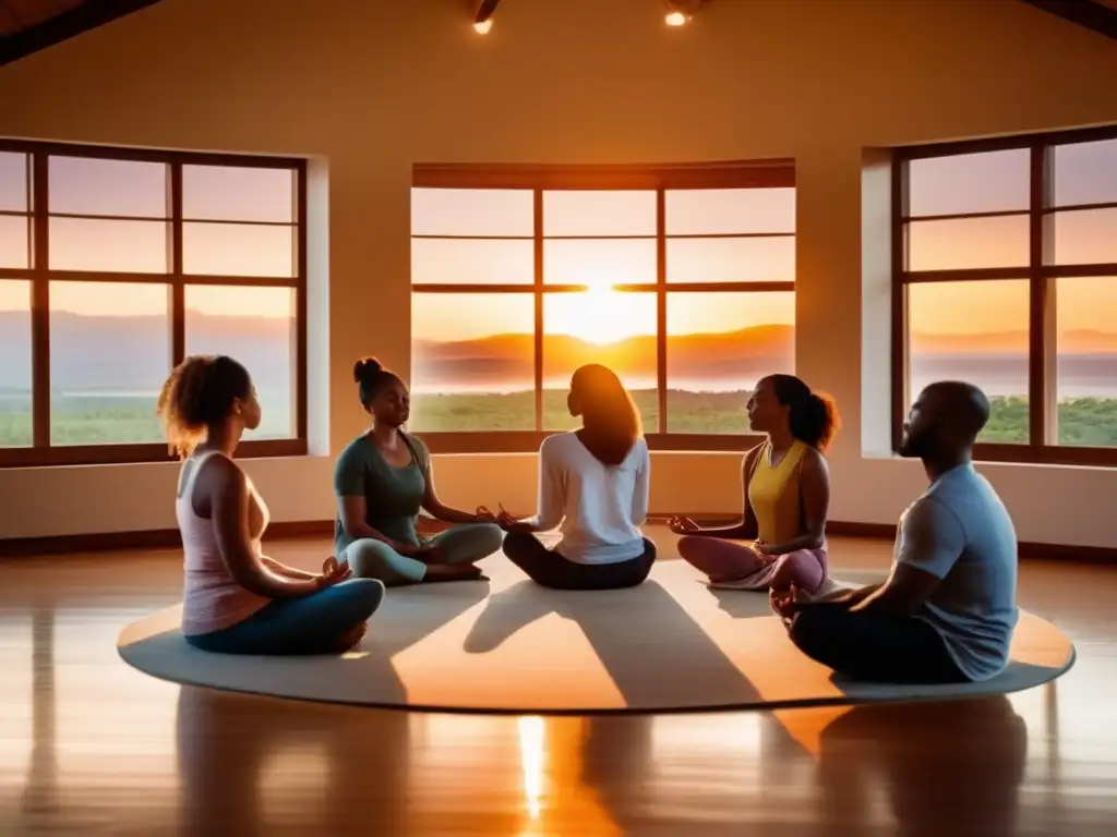 Un grupo de personas diversas practica mindfulness en terapia para pérdida de cabello, en una habitación acogedora iluminada por el cálido atardecer.