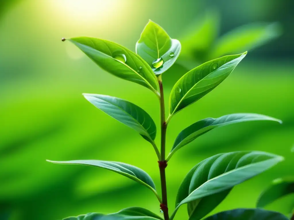 Un hermoso té verde en un jardín tranquilo, con hojas brillantes y gotas de rocío, evocando salud y tranquilidad