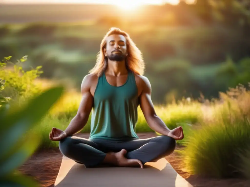 Un hombre practica yoga al aire libre, rodeado de naturaleza, en una postura de flexión profunda, con su cabello largo iluminado por el sol