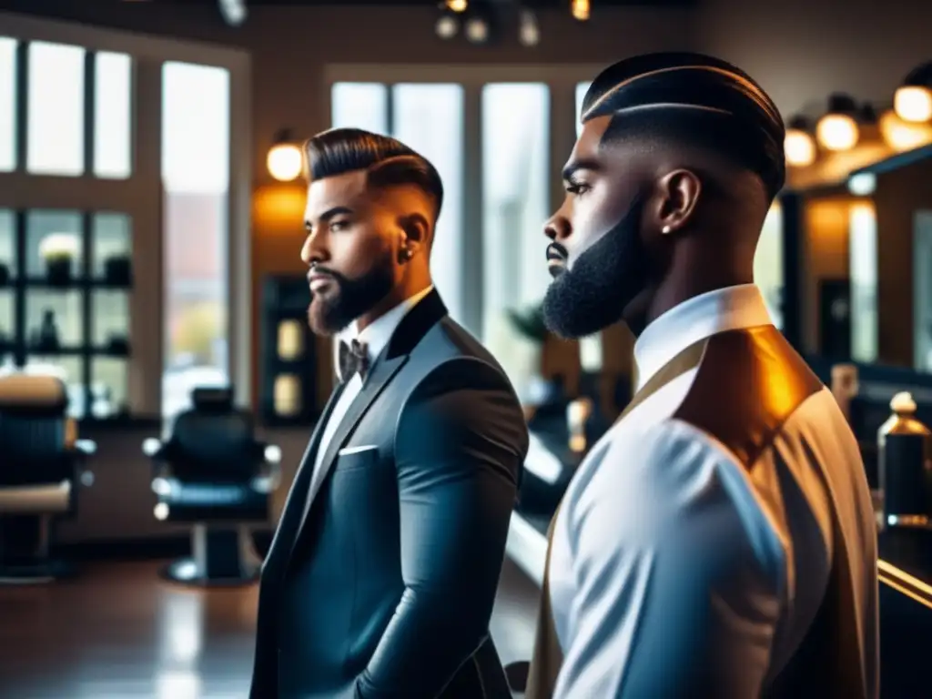 Un hombre con cabello saludable posa frente a una elegante barbería