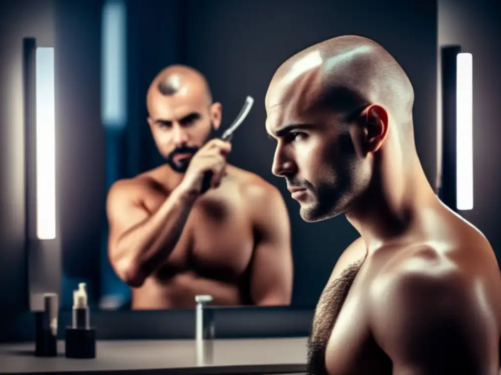 Un hombre con expresión confiada aplica un tratamiento para la pérdida de cabello frente a un espejo, reflejando su transformación.