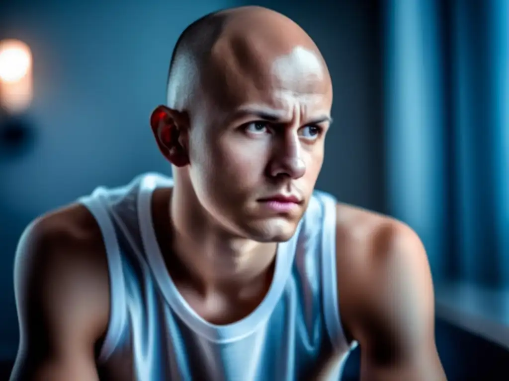 Un hombre joven con alopecia mira fijamente al espejo, mostrando determinación para superar el impacto emocional de la alopecia.