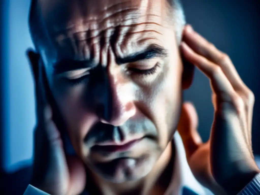 Un hombre contempla su reflejo en el espejo con expresión de frustración y tristeza, tocando su cabello adelgazado