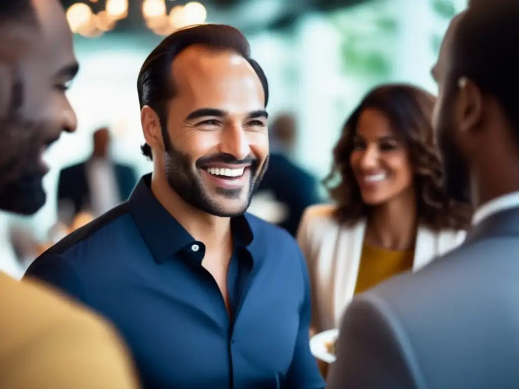 Un hombre seguro y bien arreglado participando en una animada conversación en un evento social, mostrando los beneficios del microinjerto capilar en la vida social y profesional