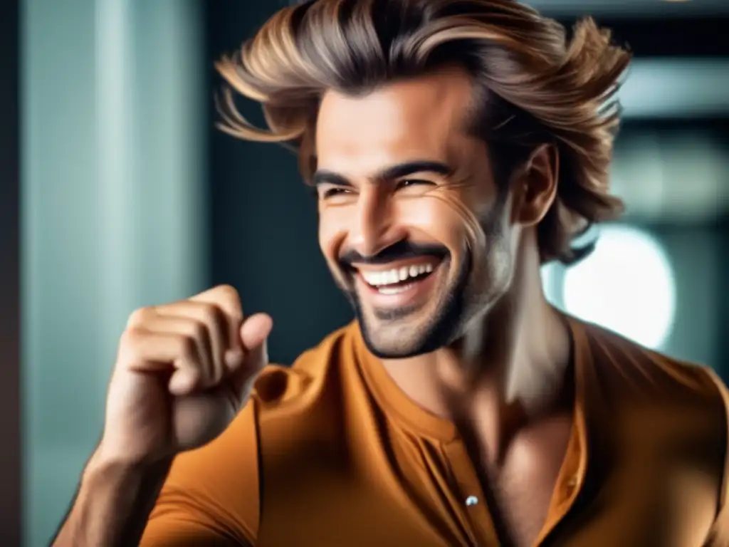 Un hombre sonriente y confiado se ve en un espejo mientras pasa los dedos por su cabello