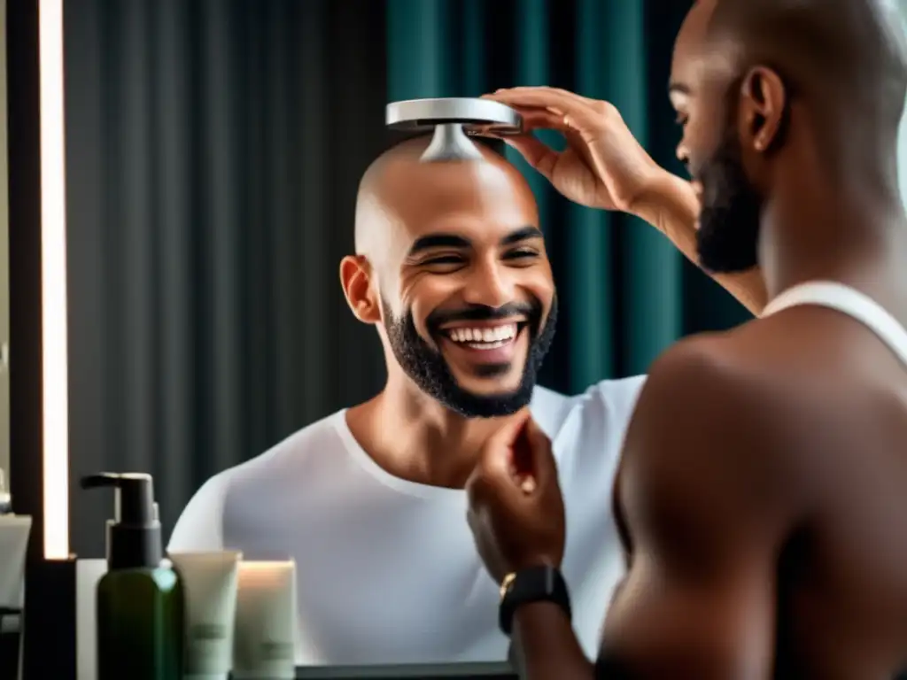 Un hombre sonriente se aplica un tratamiento integral para la calvicie frente al espejo, irradiando confianza y autoaceptación