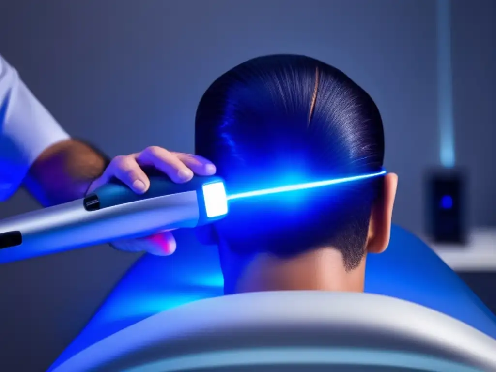 Un hombre recibe terapias láser para la recuperación del cabello en una clínica moderna y elegante, con un avanzado dispositivo emitiendo luz azul.