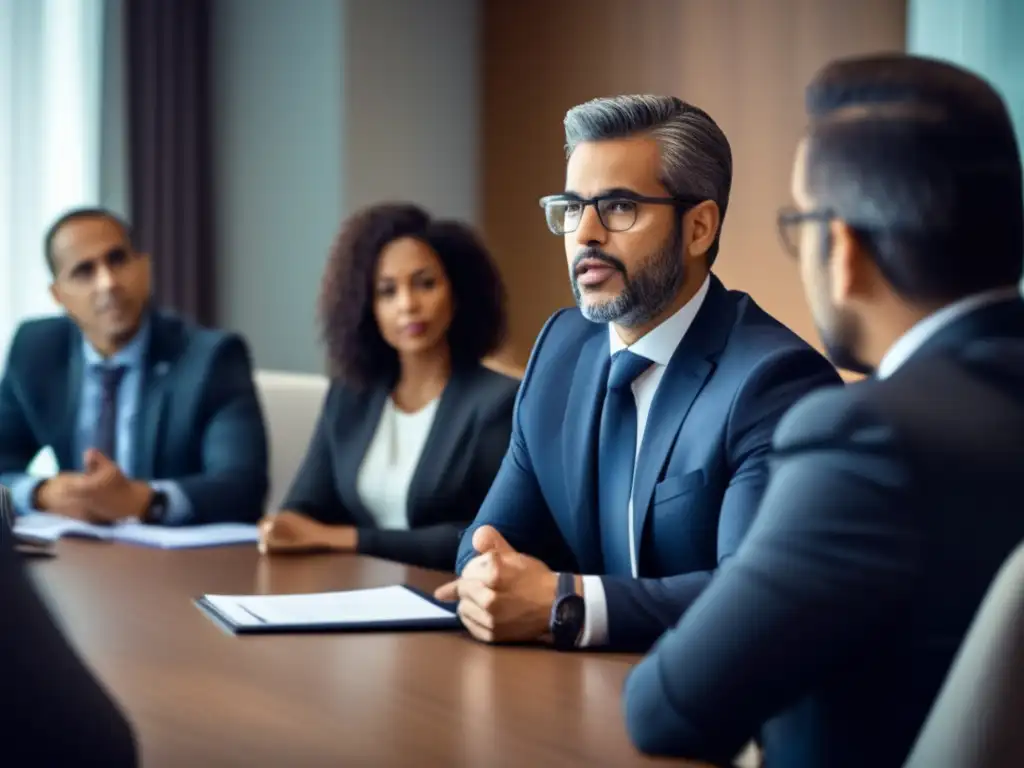 Un hombre en traje moderno discute legislación y tratamientos para la calvicie con profesionales, reflejando seriedad y profesionalismo.