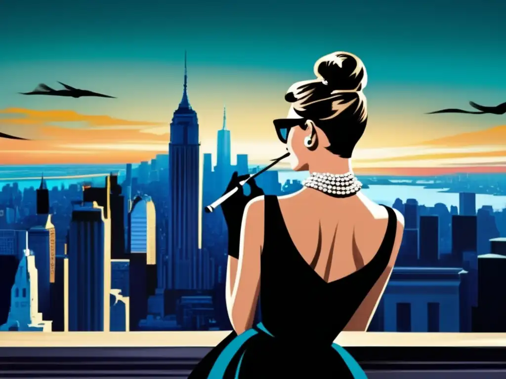 La icónica Audrey Hepburn como Holly Golightly con un elegante peinado y vestido negro en Nueva York al amanecer, inspirando tendencias capilares de actrices y personajes