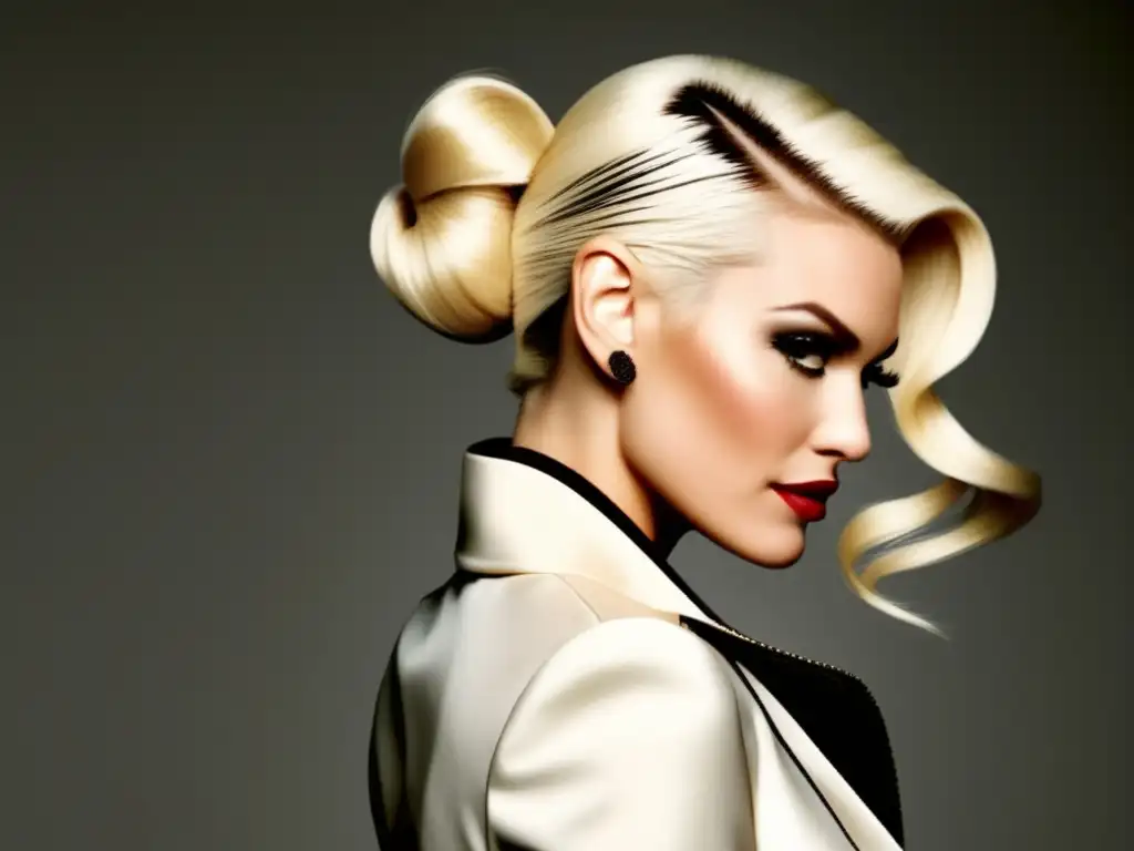 Gwen Stefani con su icónico peinado rubio platino en un elegante recogido. Influencers en industria capilar