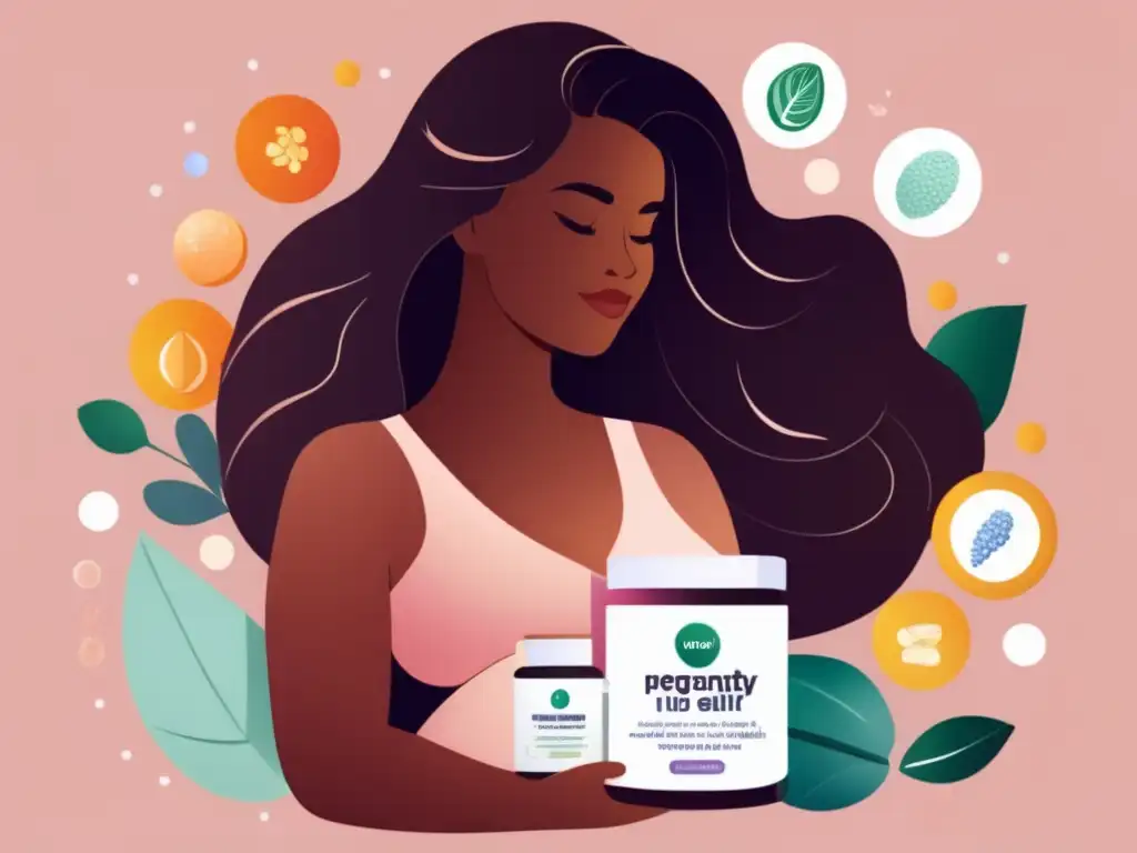 Una ilustración de una mujer embarazada con cabello brillante y saludable, rodeada de suplementos seguros para el embarazo y la salud del cabello