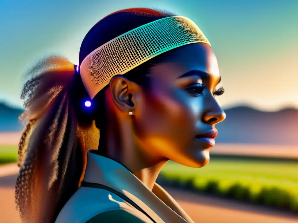 Imagen de alta definición 8k de persona con headband futurista integrada con sensores avanzados, capturando detalles capilares