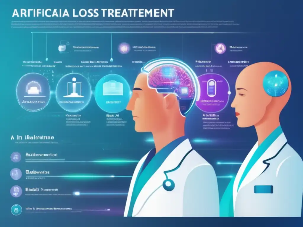 Imagen de alta resolución que representa el avance de la inteligencia artificial en el tratamiento de la calvicie, con enfoque en la prevención y predicción de la caída del cabello