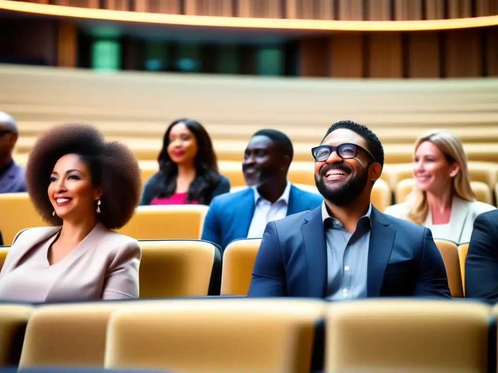 Una imagen de alta resolución que muestra la importancia de las campañas de concienciación sobre la pérdida de cabello, con una diversa audiencia atenta escuchando a un apasionado orador en un auditorio moderno y luminoso