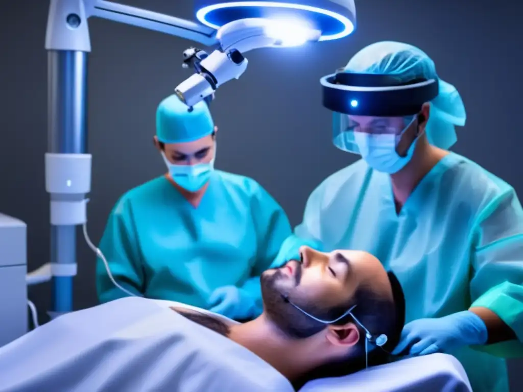 Robótica avanzada en trasplante capilar: precisión y tecnología futurista Una imagen de alta resolución que muestra un sistema robótico de vanguardia realizando un trasplante capilar, destacando la precisión y tecnología avanzada