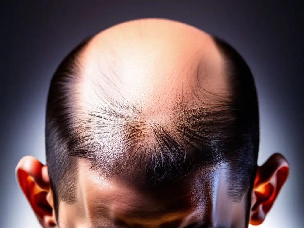 Imagen conmovedora de cuero cabelludo con pérdida de cabello por estrés, destacando la necesidad de asesoramiento psicológico en tratamiento alopecia