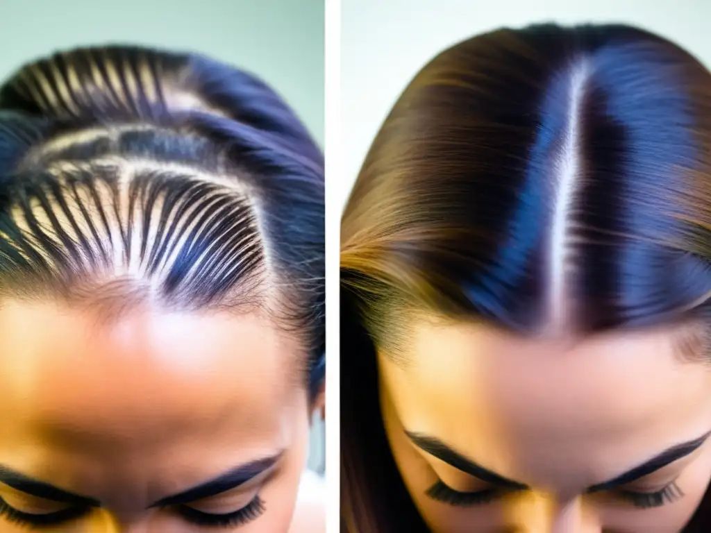 Imagen del cuero cabelludo de Raquel, muestra el tratamiento de pérdida de cabello por estrés con significativo crecimiento y densidad capilar mejorada, resaltando la transformación antes y después