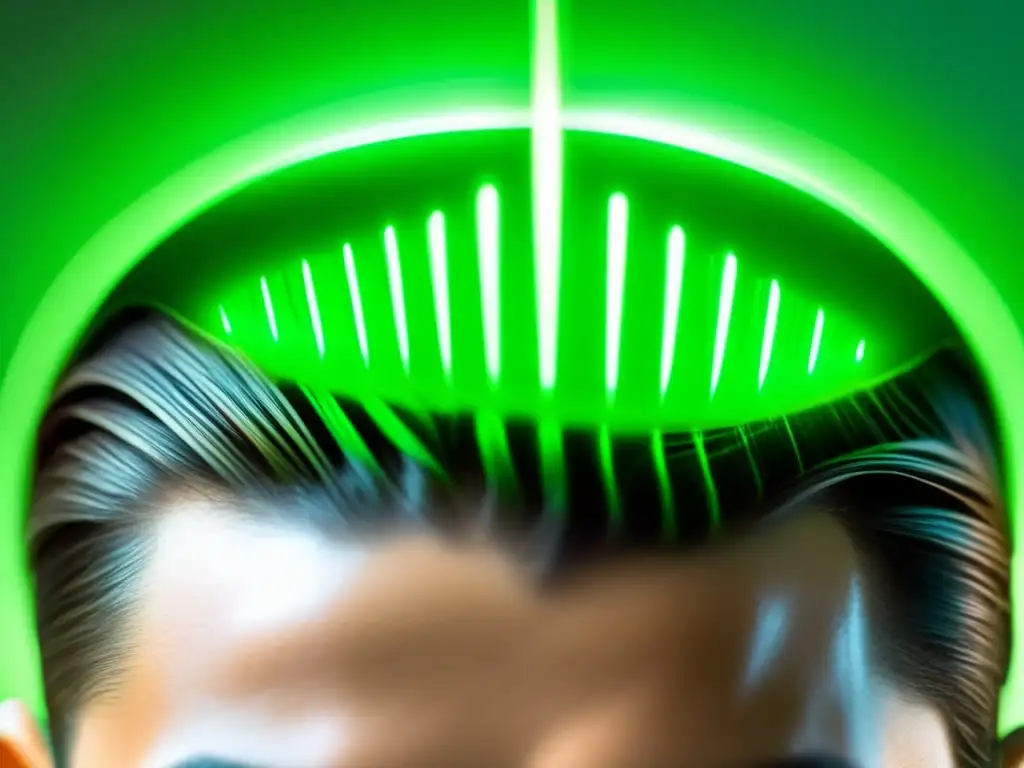 Terapia de luz verde: Detalle del cuero cabelludo con brillo saludable Una imagen detallada de un cuero cabelludo saludable iluminado por luz verde, destacando la terapia de luz verde para cuero cabelludo