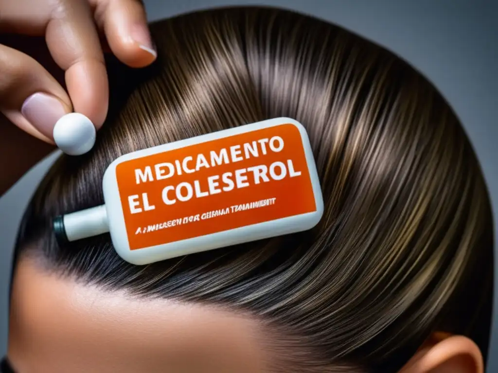 Una imagen detallada muestra un cuero cabelludo con tratamiento para la pérdida de cabello y medicamentos para el colesterol.