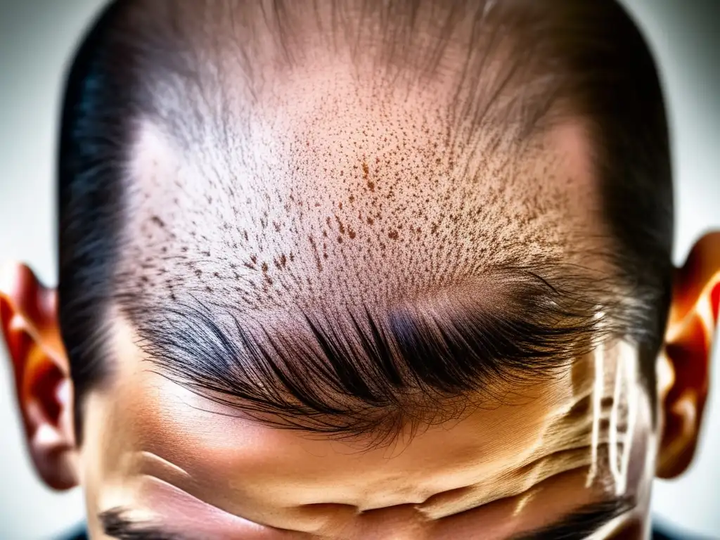 Imagen detallada de cuero cabelludo con alopecia, transmitiendo la textura y patrones de la pérdida de cabello, evocando la esencia cruda y auténtica