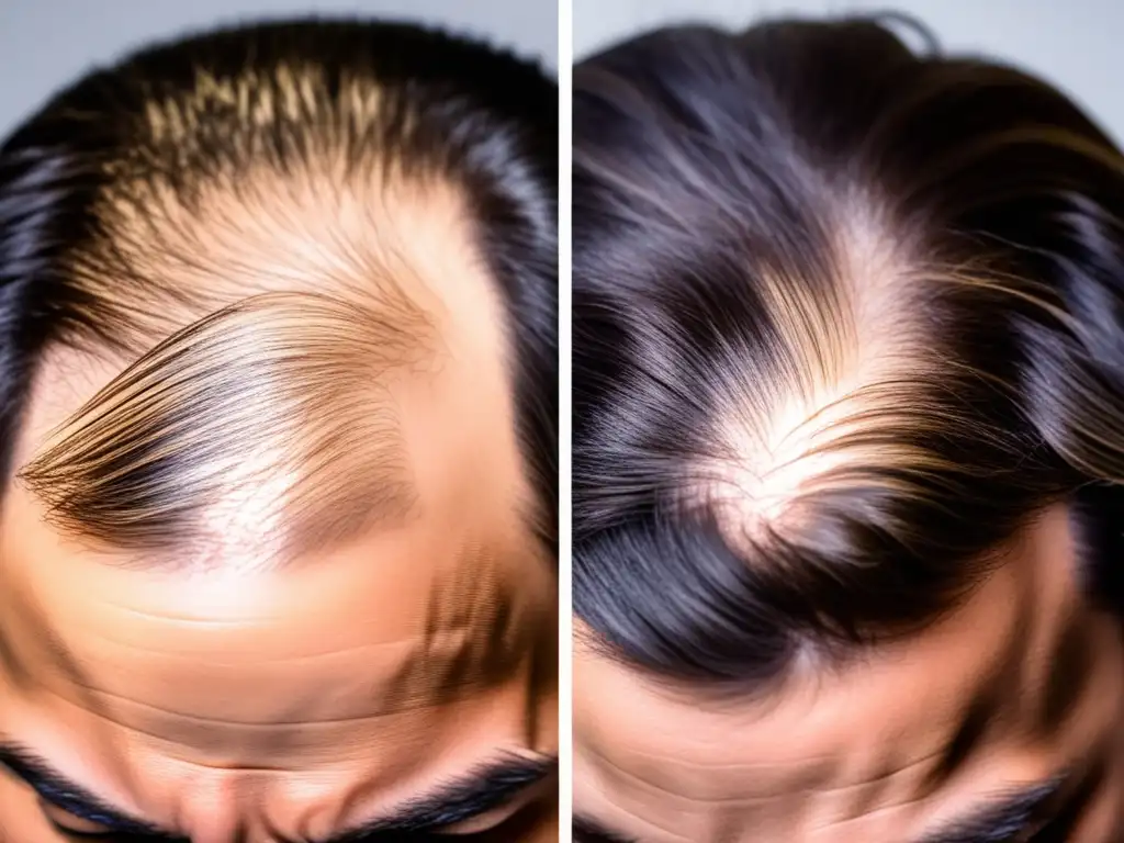 Imagen detallada de cuero cabelludo antes y después del tratamiento pérdida cabello plasma rico plaquetas, mostrando regeneración de folículos capilares y mejora en la densidad capilar