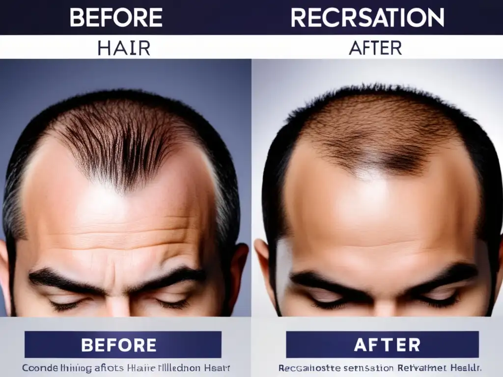 Una imagen detallada muestra los efectos de éxito de las estrategias de marketing para restauración capilar, antes y después. ¡Recupera tu cabello!