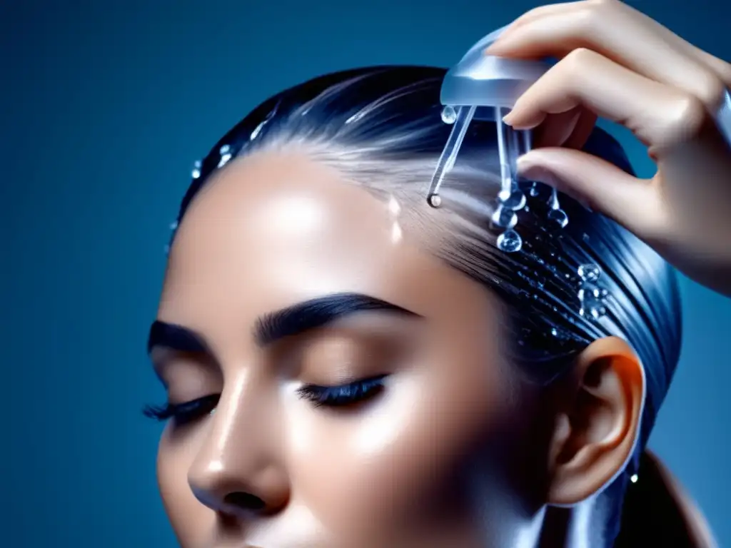 Imagen detallada de hidroterapia capilar para fortalecer cabello en un entorno spa, con masaje de agua en el cuero cabelludo y revitalización capilar