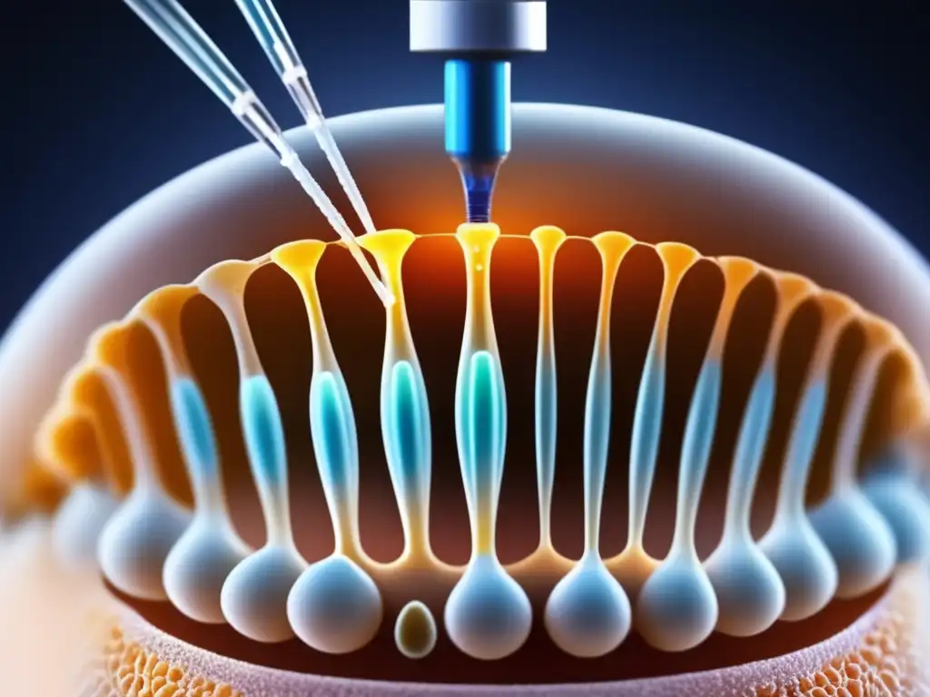 Una imagen detallada muestra microcápsulas llenas de exosomas siendo inyectadas en el cuero cabelludo, destacando la tecnología sofisticada y el enfoque moderno del tratamiento regeneración capilar con exosomas