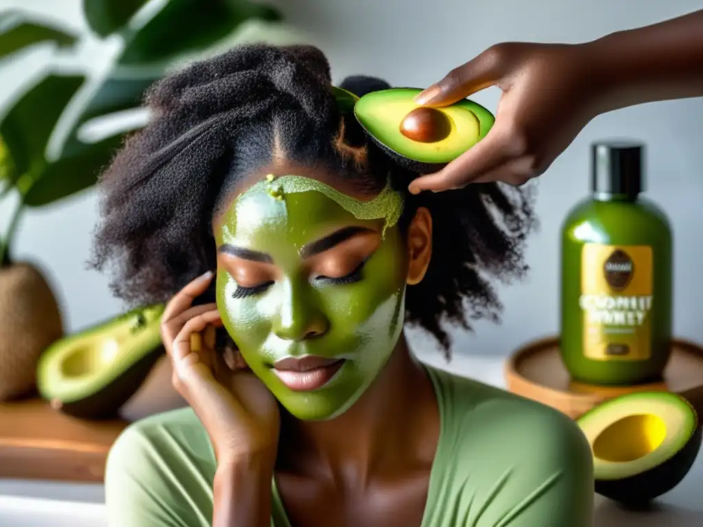 Imagen detallada de mujer aplicando mascarilla natural para pérdida de cabello con aguacate, leche de coco y miel dorada, en ambiente soleado y vegetación exuberante