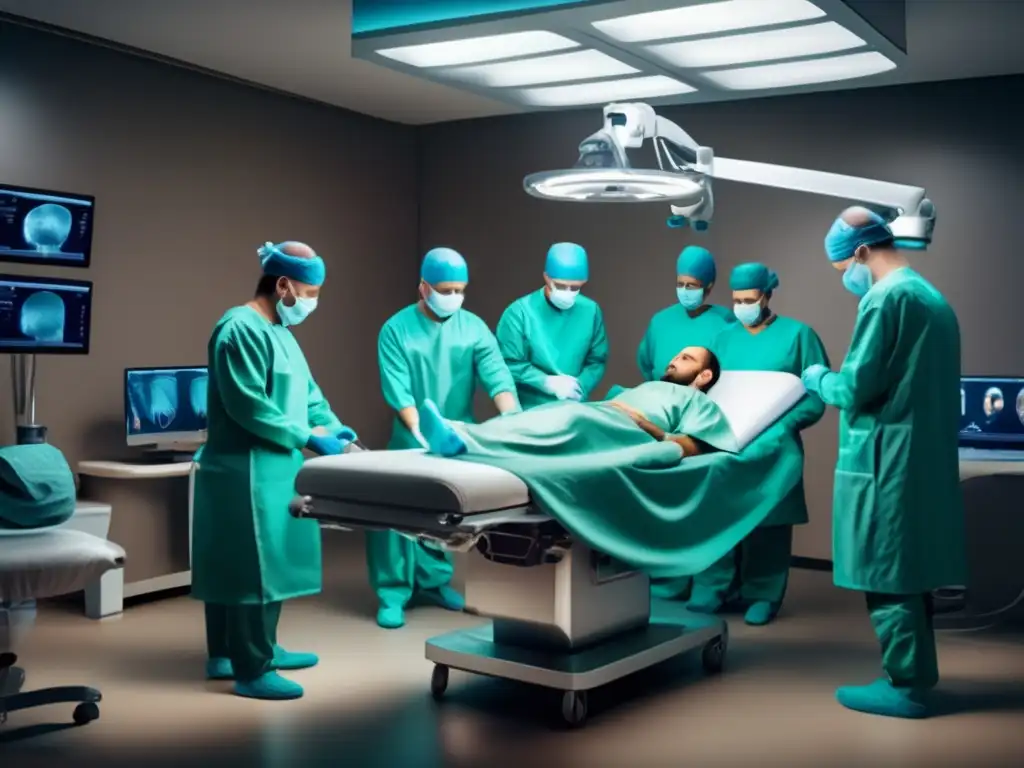 Procedimiento de trasplante capilar: precisión y profesionalismo Imagen 8k detallada de sala de cirugía con equipo médico realizando un trasplante capilar, transmitiendo profesionalismo y precisión en anestesia