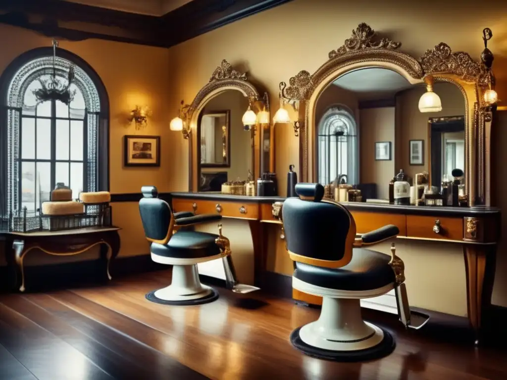 Imagen detallada de un salón de belleza vintage, con espejos ornamentados, cepillos elegantes, accesorios delicados y un estilista atendiendo el cabello de una cliente