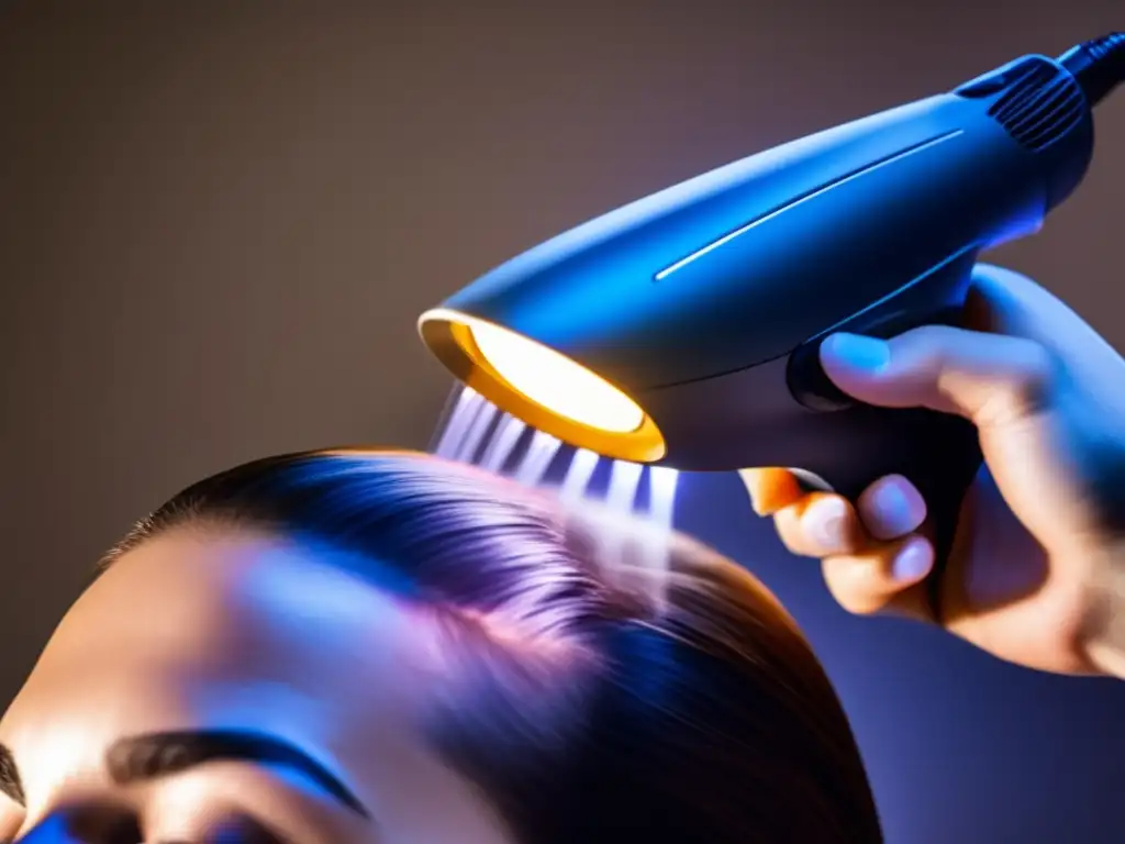 Tratamiento profesional de IPL para crecimiento capilar: alta precisión Imagen detallada de la aplicación de Terapia IPL para crecimiento capilar en el cuero cabelludo, mostrando precisión y profesionalismo