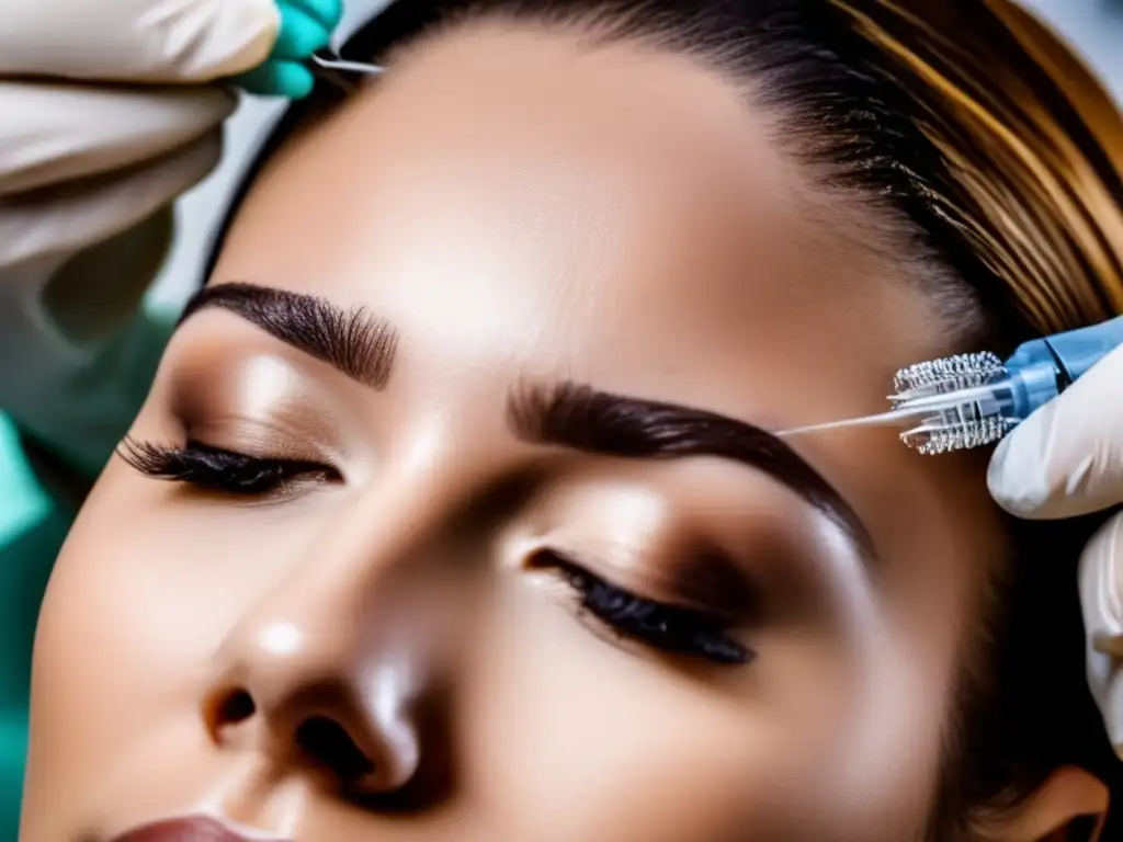 Imagen detallada de un trasplante capilar en mujeres, con un cirujano implantando delicadamente folículos capilares