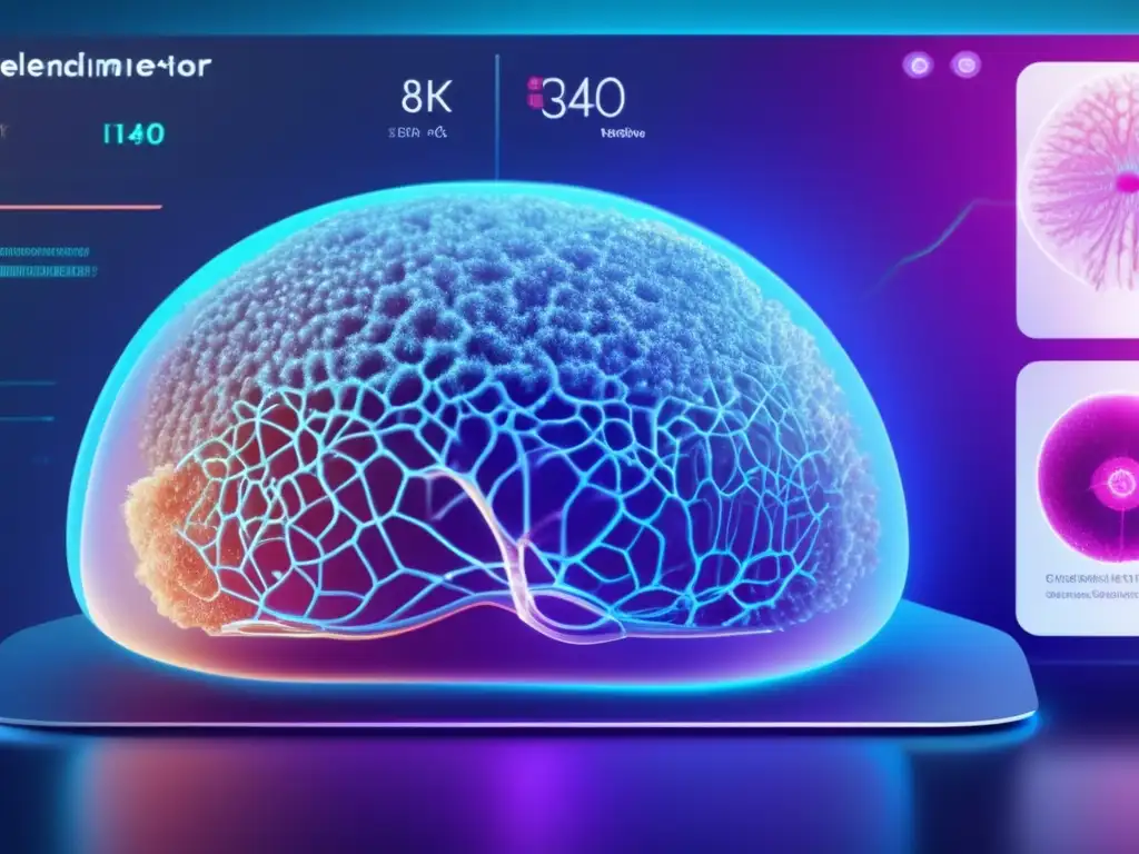 Imagen de diagnóstico capilar con inteligencia artificial: análisis detallado de un folículo piloso con patrones de red neuronal y visualizaciones de datos en una interfaz futurista de telemedicina