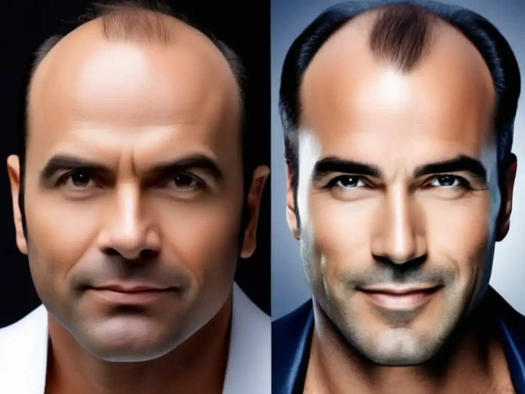 Transformación impactante: famoso antes y después de trasplante capilar Imagen de famoso con trasplante capilar exitoso, mostrando mejora dramática en apariencia y confianza