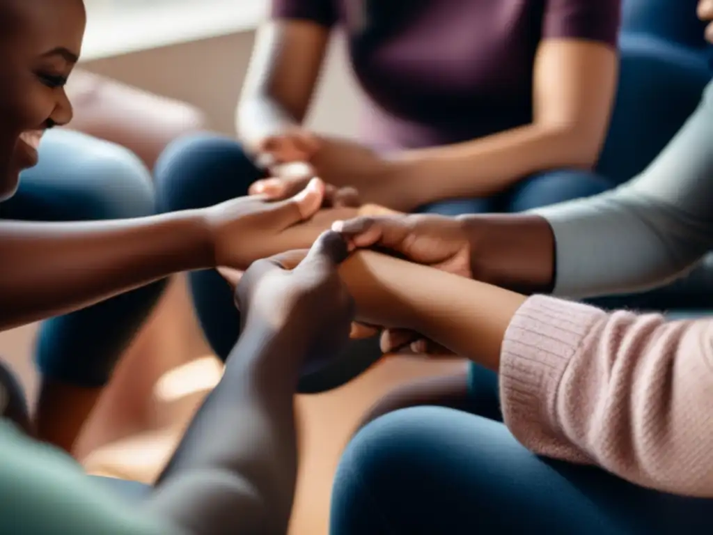 Imagen de grupo de apoyo con personas rodeando a joven con pérdida de cabello, creando un ambiente cálido y de esperanza